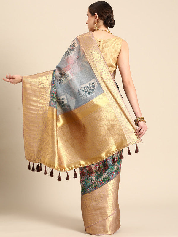 Gray Munga Silk Digital Print Kalamkari Saree with Unstitched Blouse - Hiral Fashion | Swadesiicart