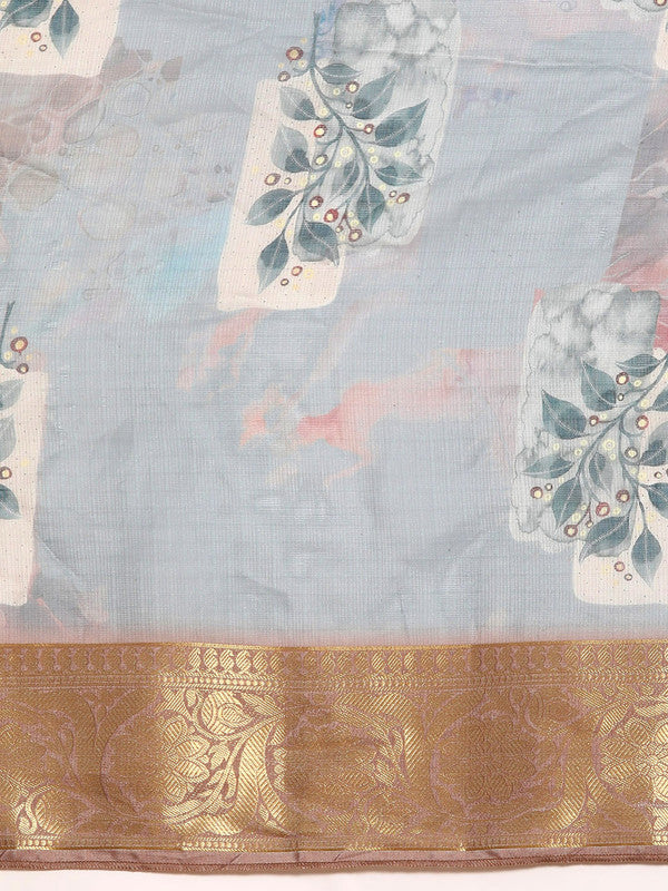 Gray Munga Silk Digital Print Kalamkari Saree with Unstitched Blouse - Hiral Fashion | Swadesiicart