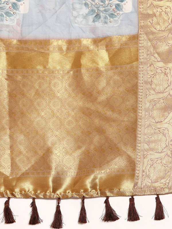 Gray Munga Silk Digital Print Kalamkari Saree with Unstitched Blouse - Hiral Fashion | Swadesiicart