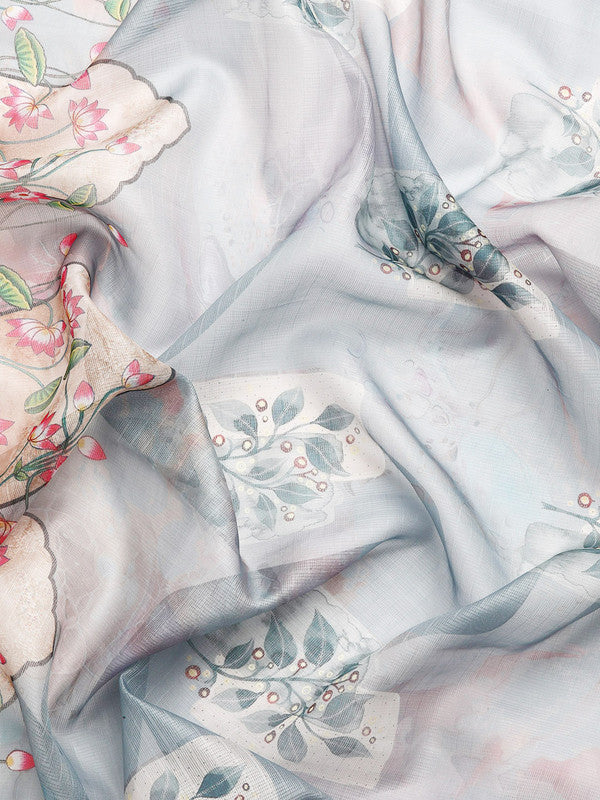 Gray Munga Silk Digital Print Kalamkari Saree with Unstitched Blouse - Hiral Fashion | Swadesiicart