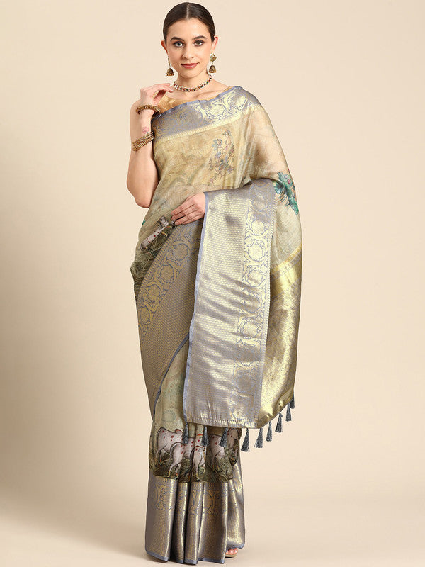Olive Munga Silk Digital Print Kalamkari Saree with Unstitched Blouse - Hiral Fashion | Swadesiicart