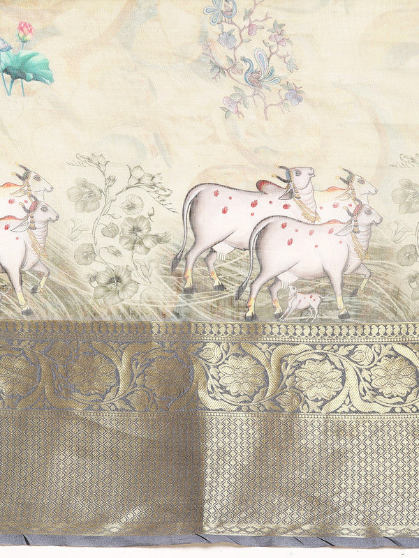 Olive Munga Silk Digital Print Kalamkari Saree with Unstitched Blouse - Hiral Fashion | Swadesiicart