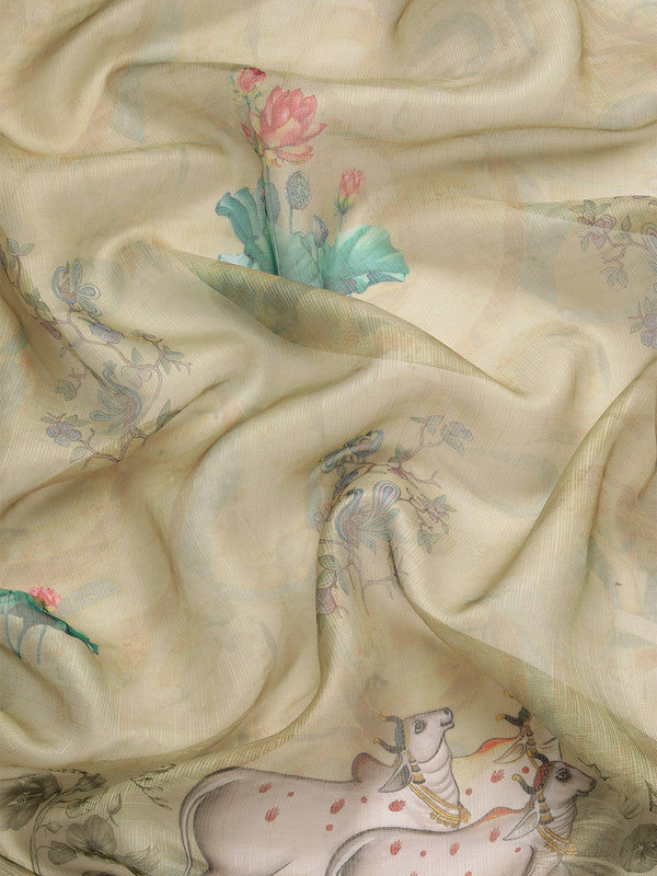 Olive Munga Silk Digital Print Kalamkari Saree with Unstitched Blouse - Hiral Fashion | Swadesiicart