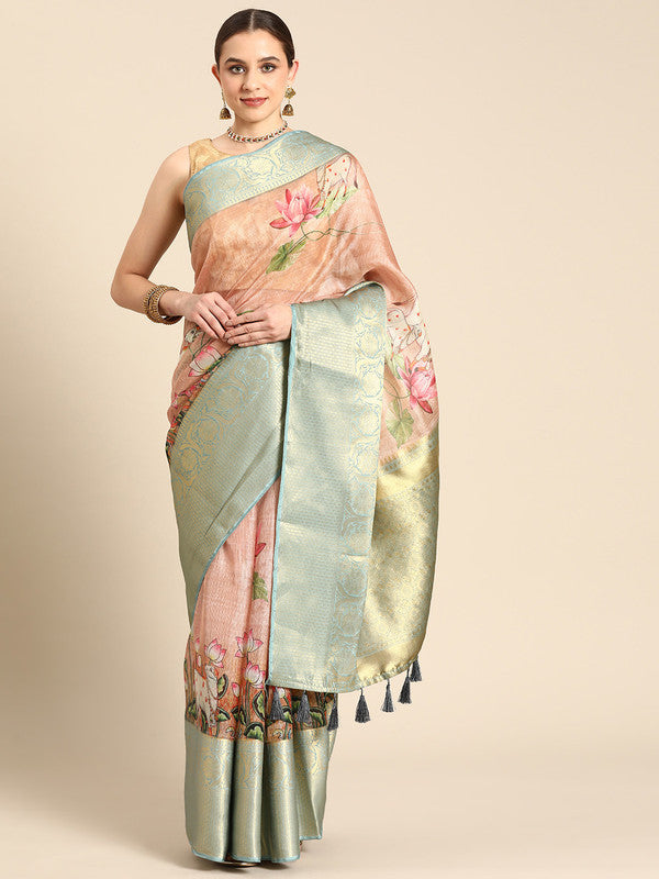 Peach Munga Silk Digital Print Animal Print Saree with Unstitched Blouse - Hiral Fashion | Swadesiicart