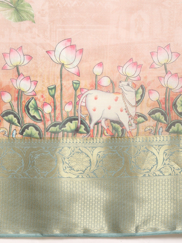 Peach Munga Silk Digital Print Animal Print Saree with Unstitched Blouse - Hiral Fashion | Swadesiicart