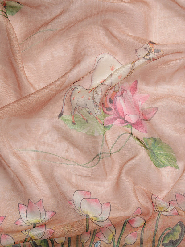 Peach Munga Silk Digital Print Animal Print Saree with Unstitched Blouse - Hiral Fashion | Swadesiicart