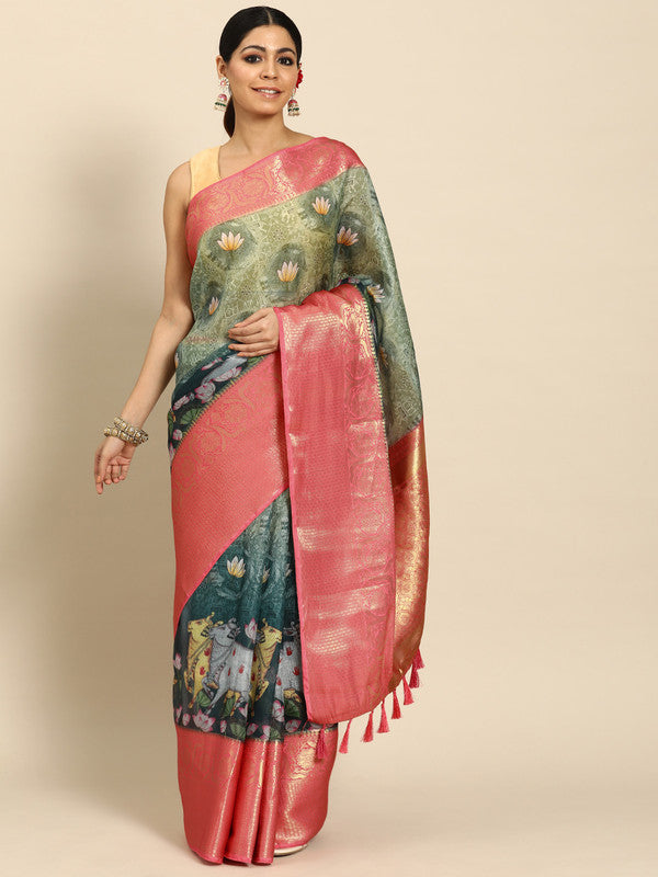 Green Munga Silk Digital Print Animal Print Saree with Unstitched Blouse - Hiral Fashion | Swadesiicart