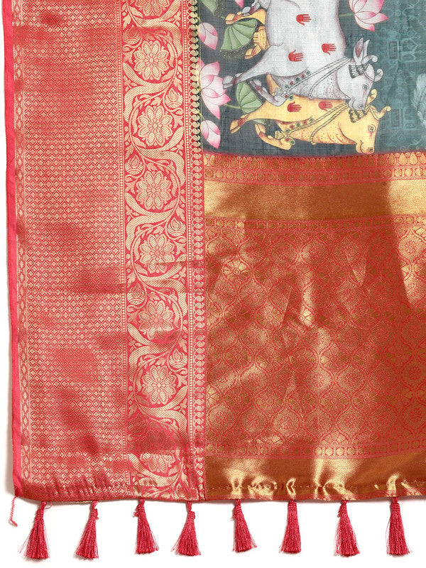 Green Munga Silk Digital Print Animal Print Saree with Unstitched Blouse - Hiral Fashion | Swadesiicart