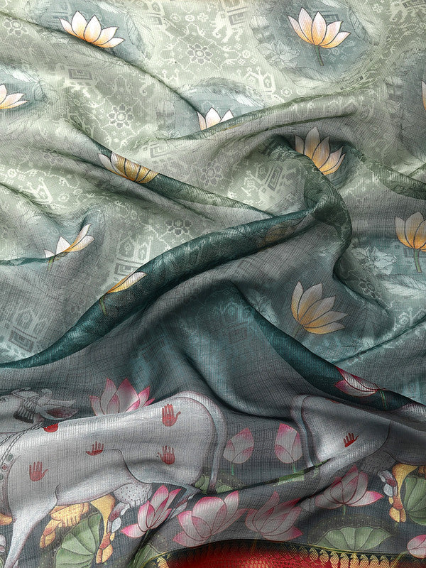 Green Munga Silk Digital Print Animal Print Saree with Unstitched Blouse - Hiral Fashion | Swadesiicart