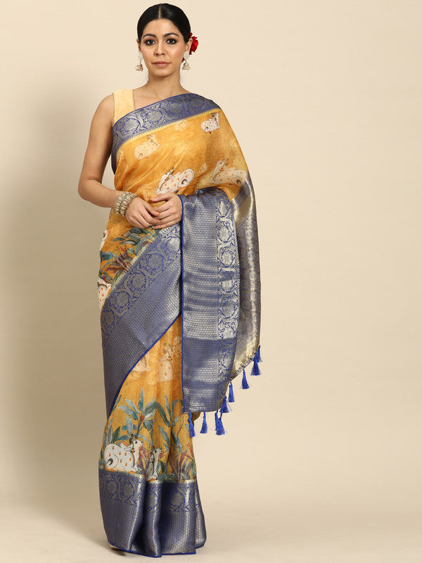 Mustard Munga Silk Digital Print Animal Print Saree with Unstitched Blouse - Hiral Fashion | Swadesiicart