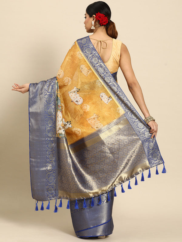 Mustard Munga Silk Digital Print Animal Print Saree with Unstitched Blouse - Hiral Fashion | Swadesiicart