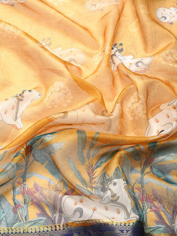 Mustard Munga Silk Digital Print Animal Print Saree with Unstitched Blouse - Hiral Fashion | Swadesiicart
