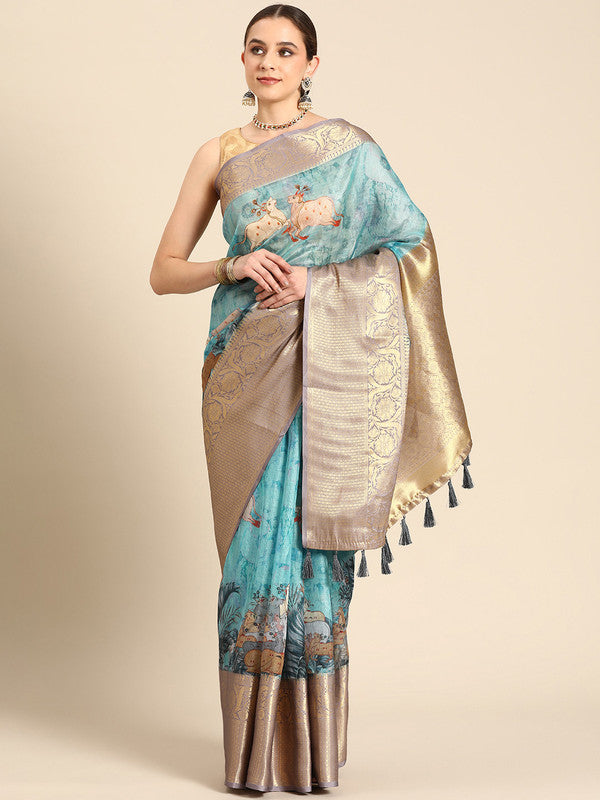Turquoise Munga Silk Digital Print Animal Print Saree with Unstitched Blouse - Hiral Fashion | Swadesiicart