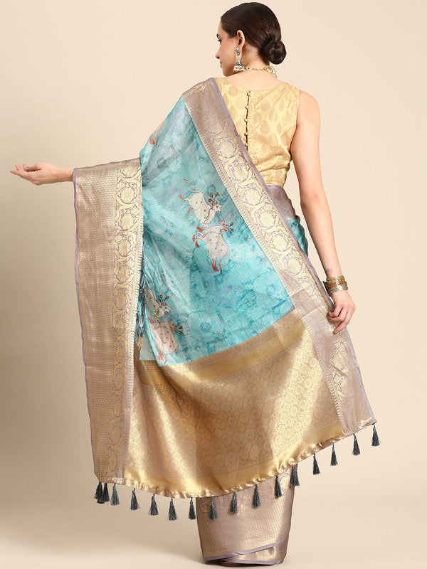 Turquoise Munga Silk Digital Print Animal Print Saree with Unstitched Blouse - Hiral Fashion | Swadesiicart