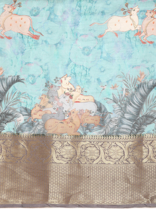 Turquoise Munga Silk Digital Print Animal Print Saree with Unstitched Blouse - Hiral Fashion | Swadesiicart