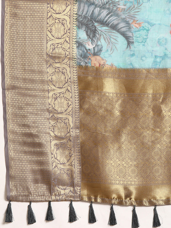 Turquoise Munga Silk Digital Print Animal Print Saree with Unstitched Blouse - Hiral Fashion | Swadesiicart