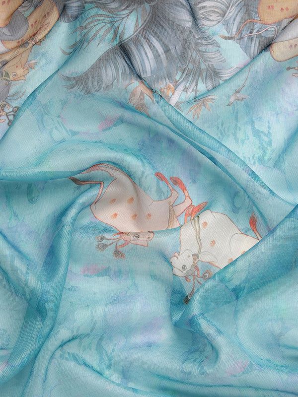 Turquoise Munga Silk Digital Print Animal Print Saree with Unstitched Blouse - Hiral Fashion | Swadesiicart