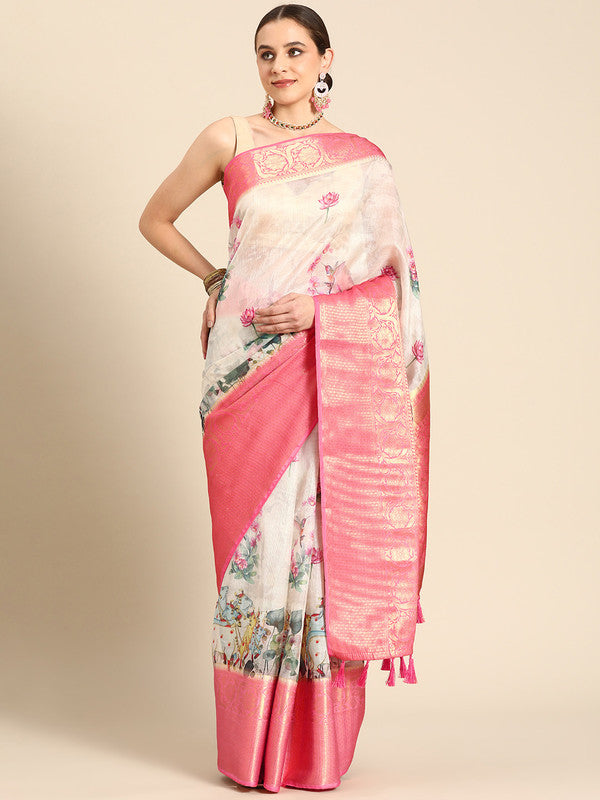 Off White Munga Silk Digital Print Animal Print Saree with Unstitched Blouse - Hiral Fashion | Swadesiicart