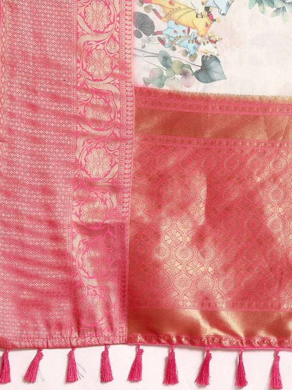 Off White Munga Silk Digital Print Animal Print Saree with Unstitched Blouse - Hiral Fashion | Swadesiicart
