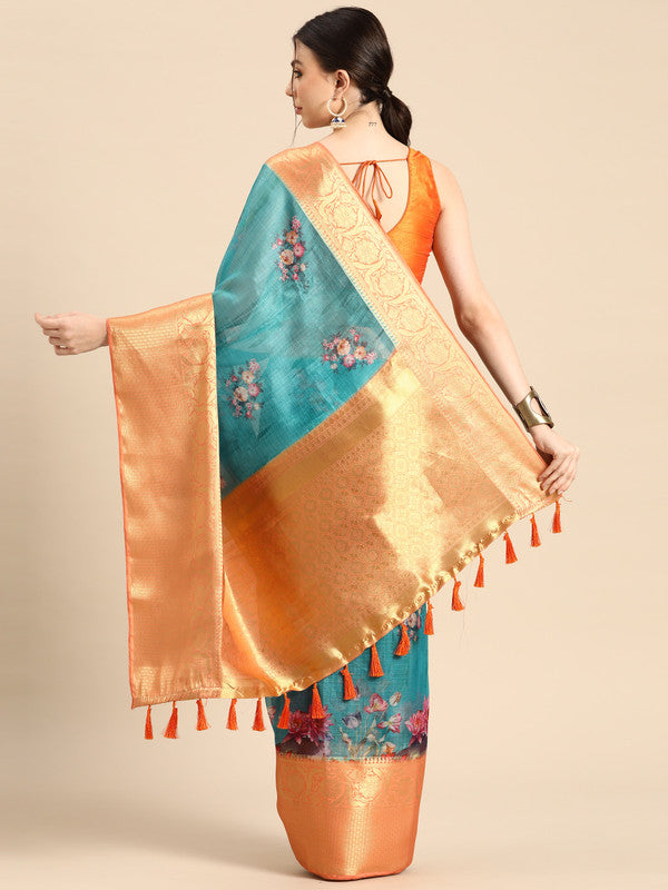 Turquoise Munga Silk Digital Print Animal Print Saree with Unstitched Blouse - Hiral Fashion | Swadesiicart