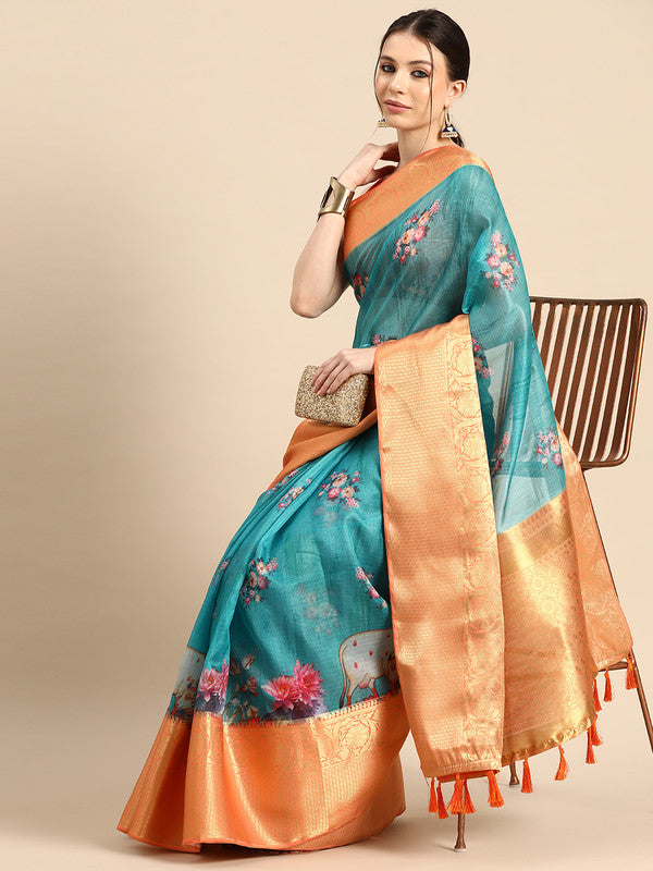 Turquoise Munga Silk Digital Print Animal Print Saree with Unstitched Blouse - Hiral Fashion | Swadesiicart