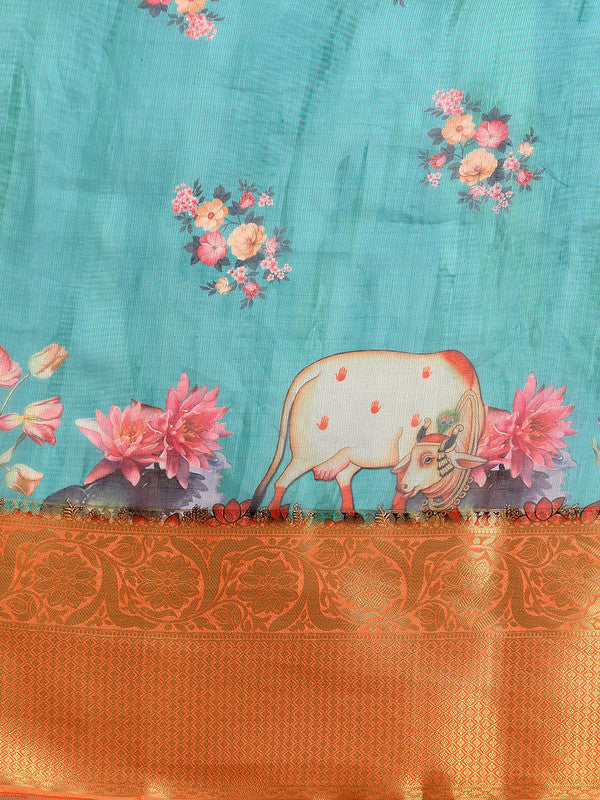 Turquoise Munga Silk Digital Print Animal Print Saree with Unstitched Blouse - Hiral Fashion | Swadesiicart