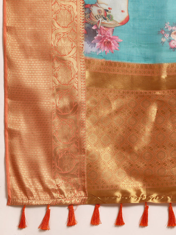 Turquoise Munga Silk Digital Print Animal Print Saree with Unstitched Blouse - Hiral Fashion | Swadesiicart