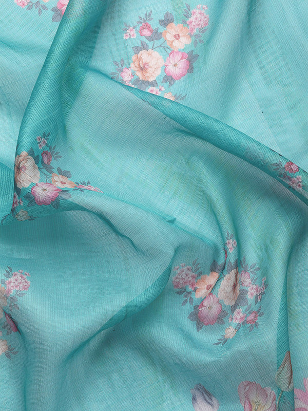 Turquoise Munga Silk Digital Print Animal Print Saree with Unstitched Blouse - Hiral Fashion | Swadesiicart