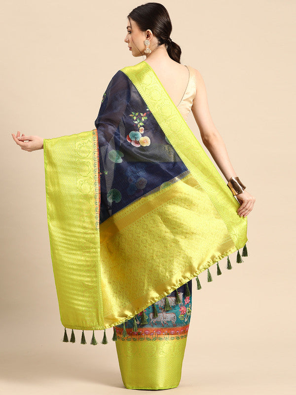 Navy Blue Munga Silk Digital Print Animal Print Saree with Unstitched Blouse - Hiral Fashion | Swadesiicart