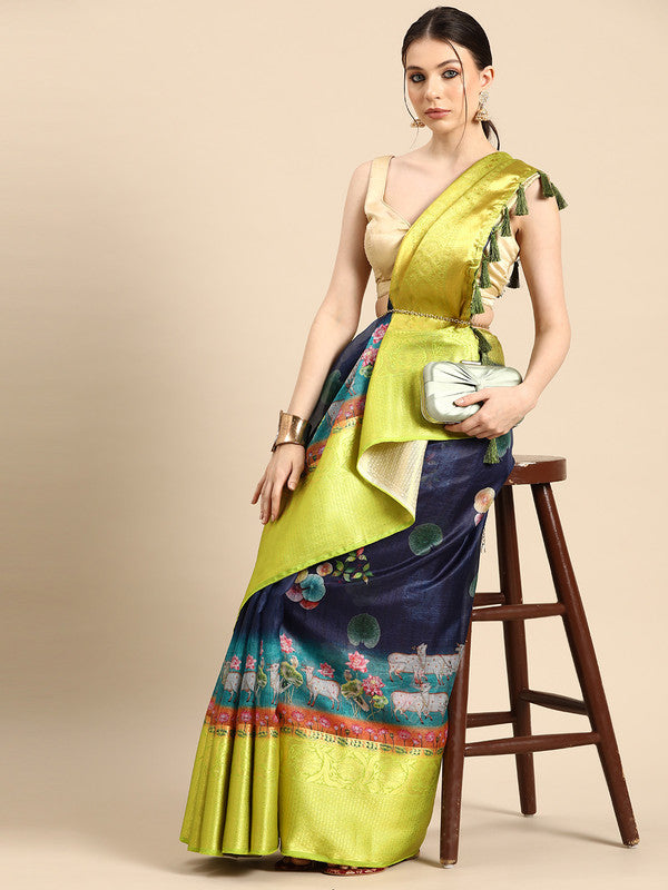 Navy Blue Munga Silk Digital Print Animal Print Saree with Unstitched Blouse - Hiral Fashion | Swadesiicart
