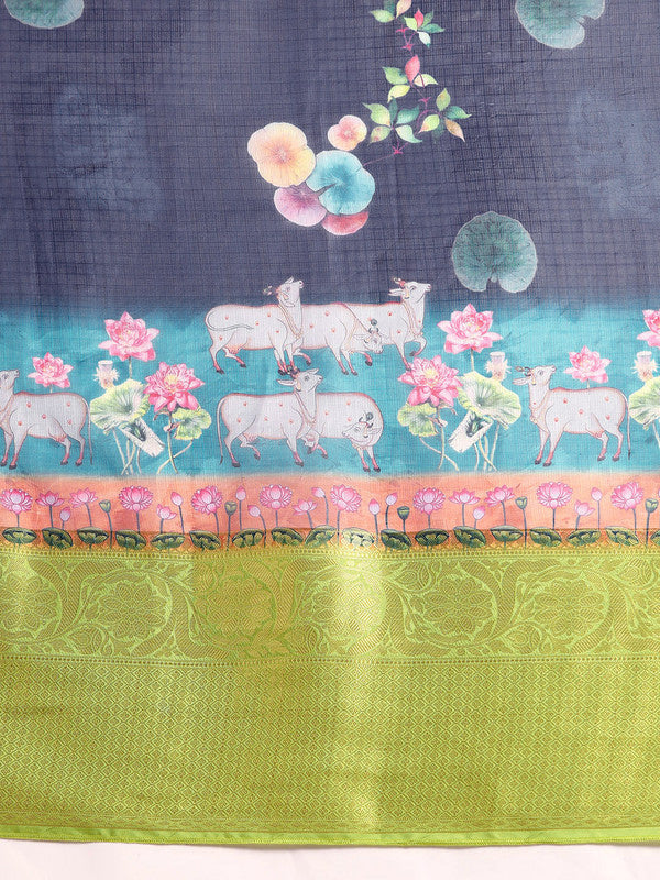 Navy Blue Munga Silk Digital Print Animal Print Saree with Unstitched Blouse - Hiral Fashion | Swadesiicart