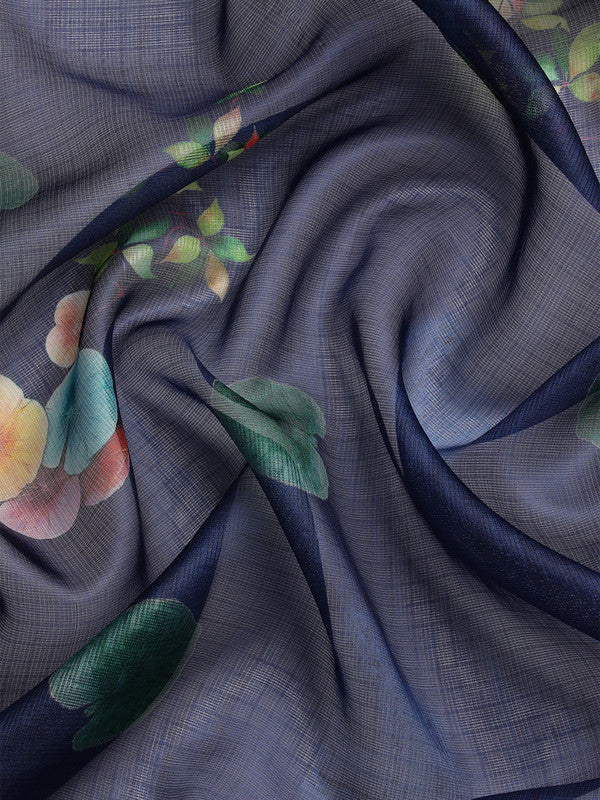 Navy Blue Munga Silk Digital Print Animal Print Saree with Unstitched Blouse - Hiral Fashion | Swadesiicart