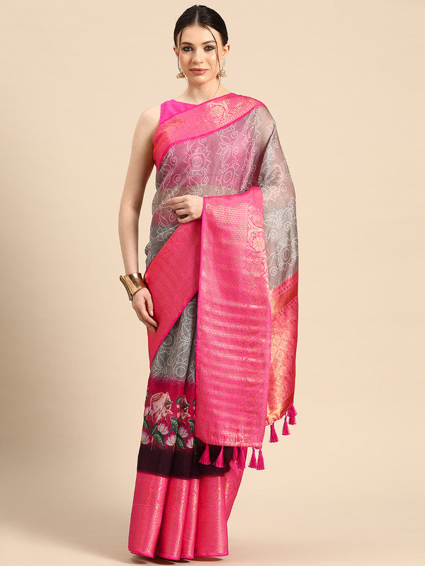 Gray Munga Silk Digital Print Bandhani Saree with Unstitched Blouse - Hiral Fashion | Swadesiicart