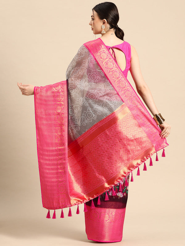Gray Munga Silk Digital Print Bandhani Saree with Unstitched Blouse - Hiral Fashion | Swadesiicart