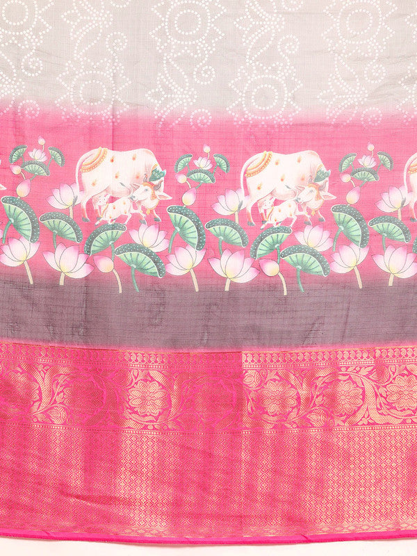 Gray Munga Silk Digital Print Bandhani Saree with Unstitched Blouse - Hiral Fashion | Swadesiicart