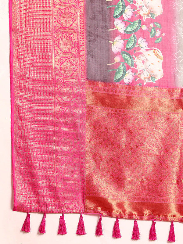 Gray Munga Silk Digital Print Bandhani Saree with Unstitched Blouse - Hiral Fashion | Swadesiicart