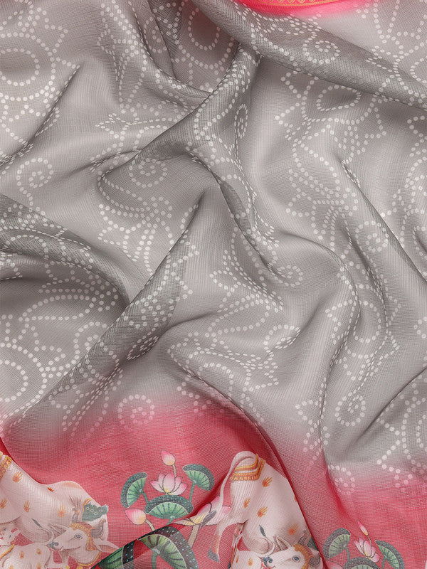 Gray Munga Silk Digital Print Bandhani Saree with Unstitched Blouse - Hiral Fashion | Swadesiicart