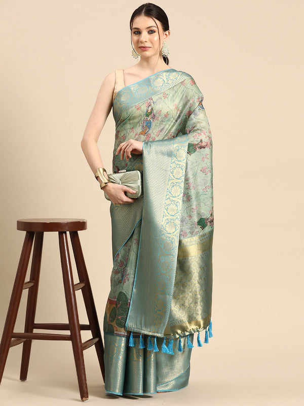Green Munga Silk Digital Print Animal Print Saree with Unstitched Blouse - Hiral Fashion | Swadesiicart