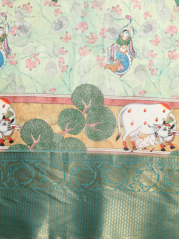 Green Munga Silk Digital Print Animal Print Saree with Unstitched Blouse - Hiral Fashion | Swadesiicart