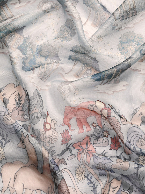 Gray Munga Silk Digital Print Animal Print Saree with Unstitched Blouse - Hiral Fashion | Swadesiicart