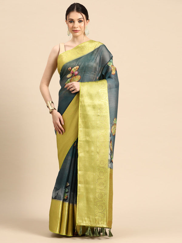 Dark Blue Munga Silk Digital Print Floral Saree with Unstitched Blouse - Hiral Fashion | Swadesiicart