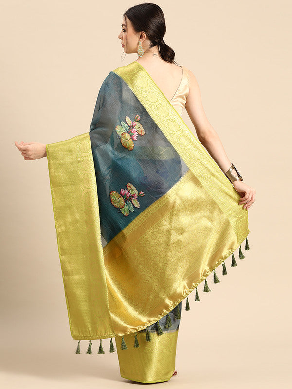 Dark Blue Munga Silk Digital Print Floral Saree with Unstitched Blouse - Hiral Fashion | Swadesiicart