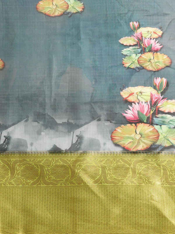 Dark Blue Munga Silk Digital Print Floral Saree with Unstitched Blouse - Hiral Fashion | Swadesiicart