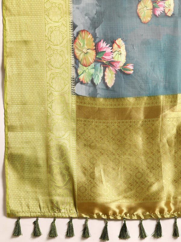 Dark Blue Munga Silk Digital Print Floral Saree with Unstitched Blouse - Hiral Fashion | Swadesiicart