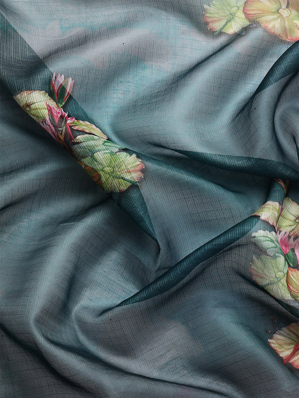 Dark Blue Munga Silk Digital Print Floral Saree with Unstitched Blouse - Hiral Fashion | Swadesiicart