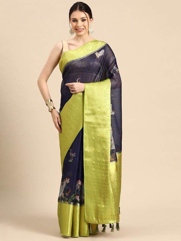 Navy Blue Munga Silk Digital Print Animal Print Saree with Unstitched Blouse - Hiral Fashion | Swadesiicart