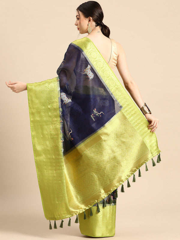 Navy Blue Munga Silk Digital Print Animal Print Saree with Unstitched Blouse - Hiral Fashion | Swadesiicart
