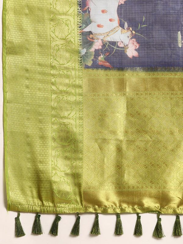 Navy Blue Munga Silk Digital Print Animal Print Saree with Unstitched Blouse - Hiral Fashion | Swadesiicart