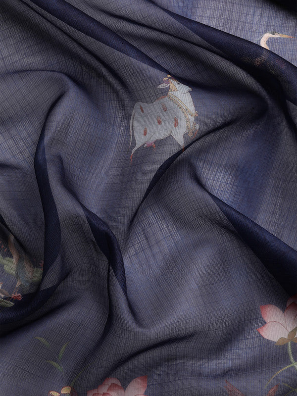 Navy Blue Munga Silk Digital Print Animal Print Saree with Unstitched Blouse - Hiral Fashion | Swadesiicart
