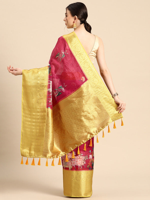 Red Munga Silk Digital Print Animal Print Saree with Unstitched Blouse - Hiral Fashion | Swadesiicart